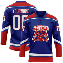 Load image into Gallery viewer, Custom Royal White-Red Hockey Lace Neck Jersey
