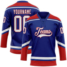 Load image into Gallery viewer, Custom Royal White-Red Hockey Lace Neck Jersey
