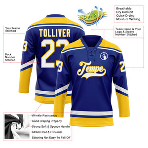 Custom Royal White-Yellow Hockey Lace Neck Jersey