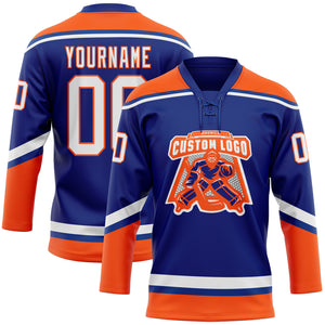 Custom Royal White-Orange Hockey Lace Neck Jersey