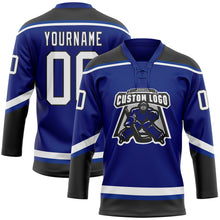 Load image into Gallery viewer, Custom Royal White-Black Hockey Lace Neck Jersey
