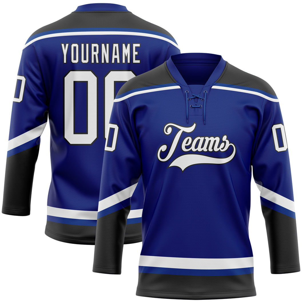 Custom Royal White-Black Hockey Lace Neck Jersey