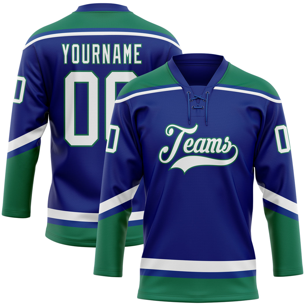 Custom Royal White-Kelly Green Hockey Lace Neck Jersey