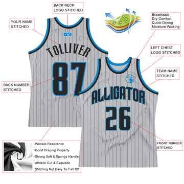 Custom Gray Black Pinstripe Black-Blue Authentic  Basketball Jersey