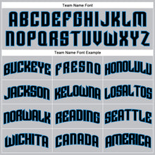 Load image into Gallery viewer, Custom Gray Black Pinstripe Black-Blue Authentic  Basketball Jersey
