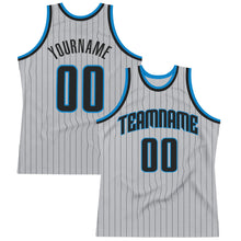 Load image into Gallery viewer, Custom Gray Black Pinstripe Black-Blue Authentic  Basketball Jersey
