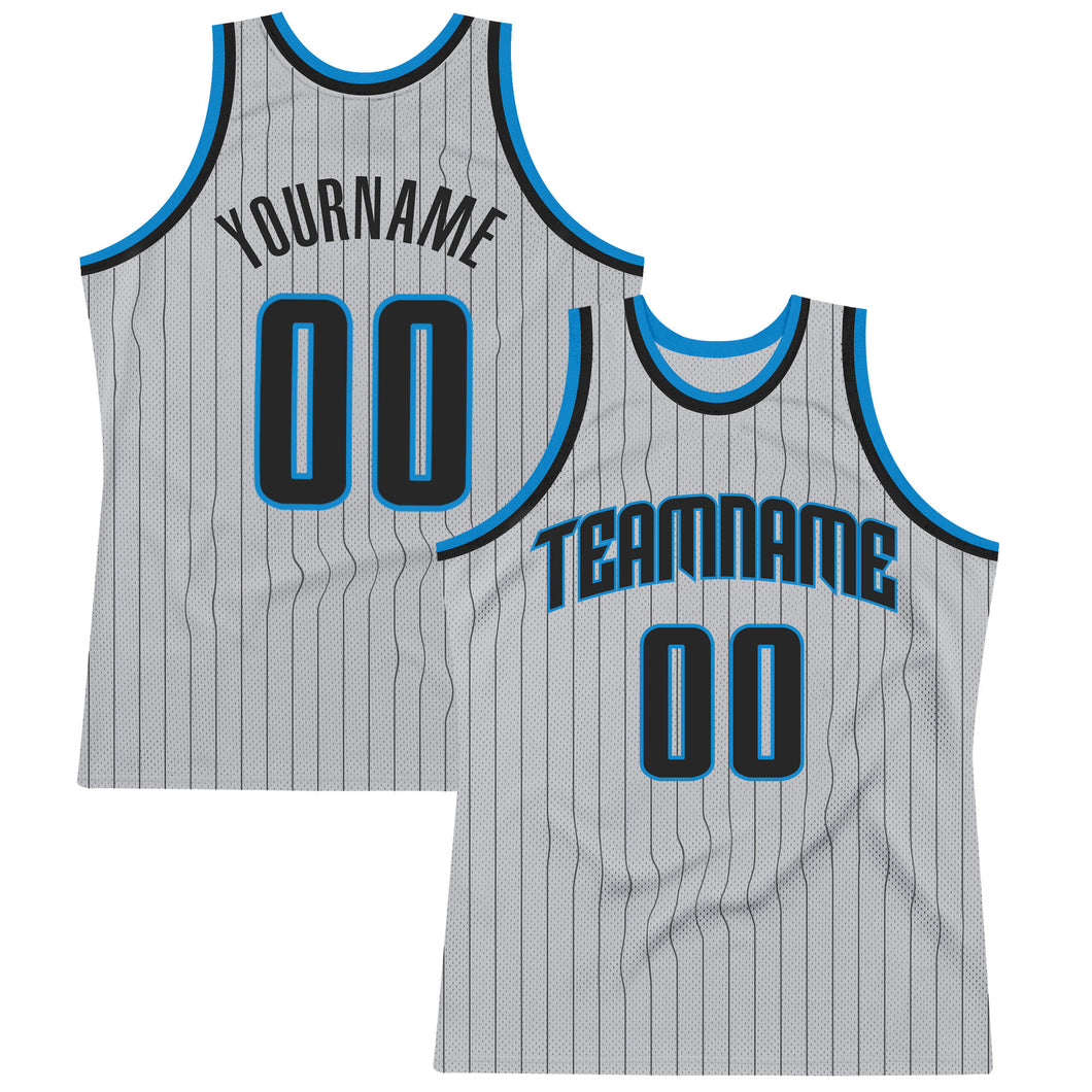 Custom Gray Black Pinstripe Black-Blue Authentic  Basketball Jersey