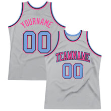 Load image into Gallery viewer, Custom Gray Light Blue-Pink Authentic Throwback Basketball Jersey
