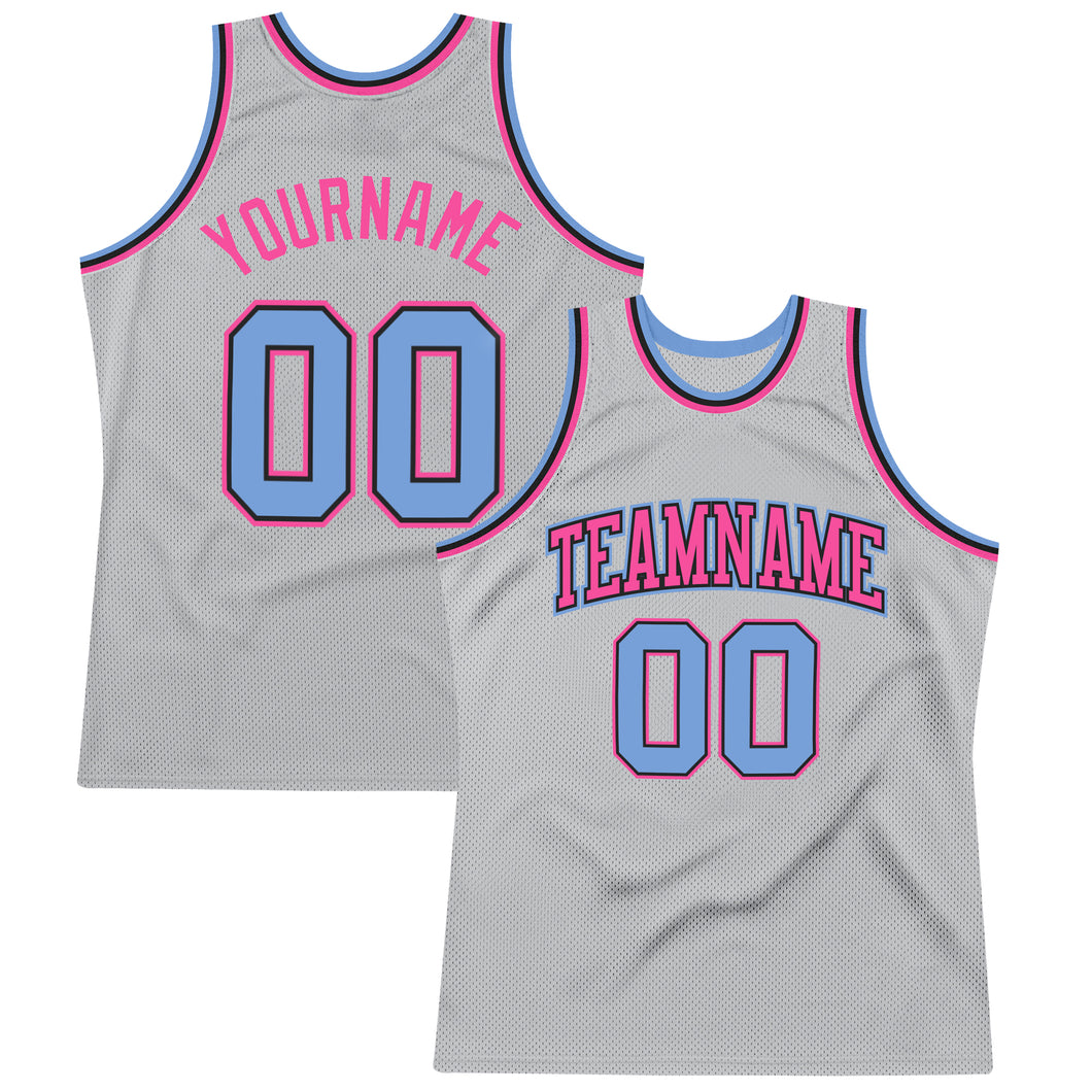 Custom Gray Light Blue-Pink Authentic Throwback Basketball Jersey