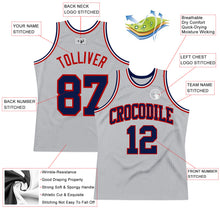 Load image into Gallery viewer, Custom Gray Navy-Red Authentic Throwback Basketball Jersey
