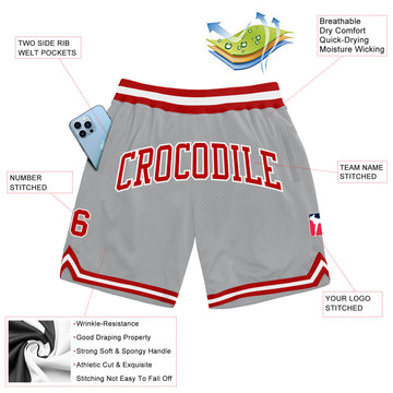 Custom Gray Red-White Authentic Throwback Basketball Shorts