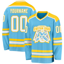 Load image into Gallery viewer, Custom Sky Blue White-Gold Hockey Jersey
