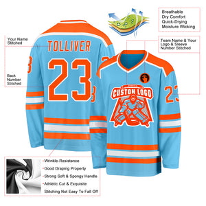 Custom Sky Blue Orange-White Hockey Jersey