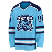 Load image into Gallery viewer, Custom Sky Blue Navy-White Hockey Jersey
