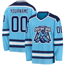 Load image into Gallery viewer, Custom Sky Blue Navy-White Hockey Jersey
