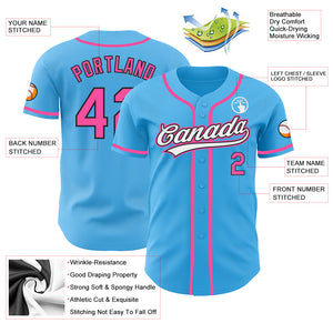 Custom Sky Blue Pink-Black Authentic Baseball Jersey