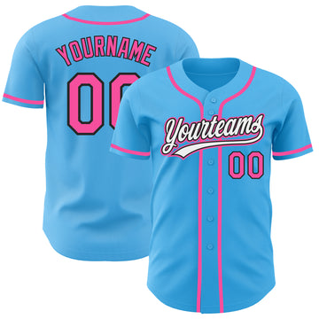 Custom Sky Blue Pink-Black Authentic Baseball Jersey