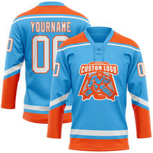 Load image into Gallery viewer, Custom Sky Blue White-Orange Hockey Lace Neck Jersey
