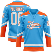 Load image into Gallery viewer, Custom Sky Blue White-Orange Hockey Lace Neck Jersey
