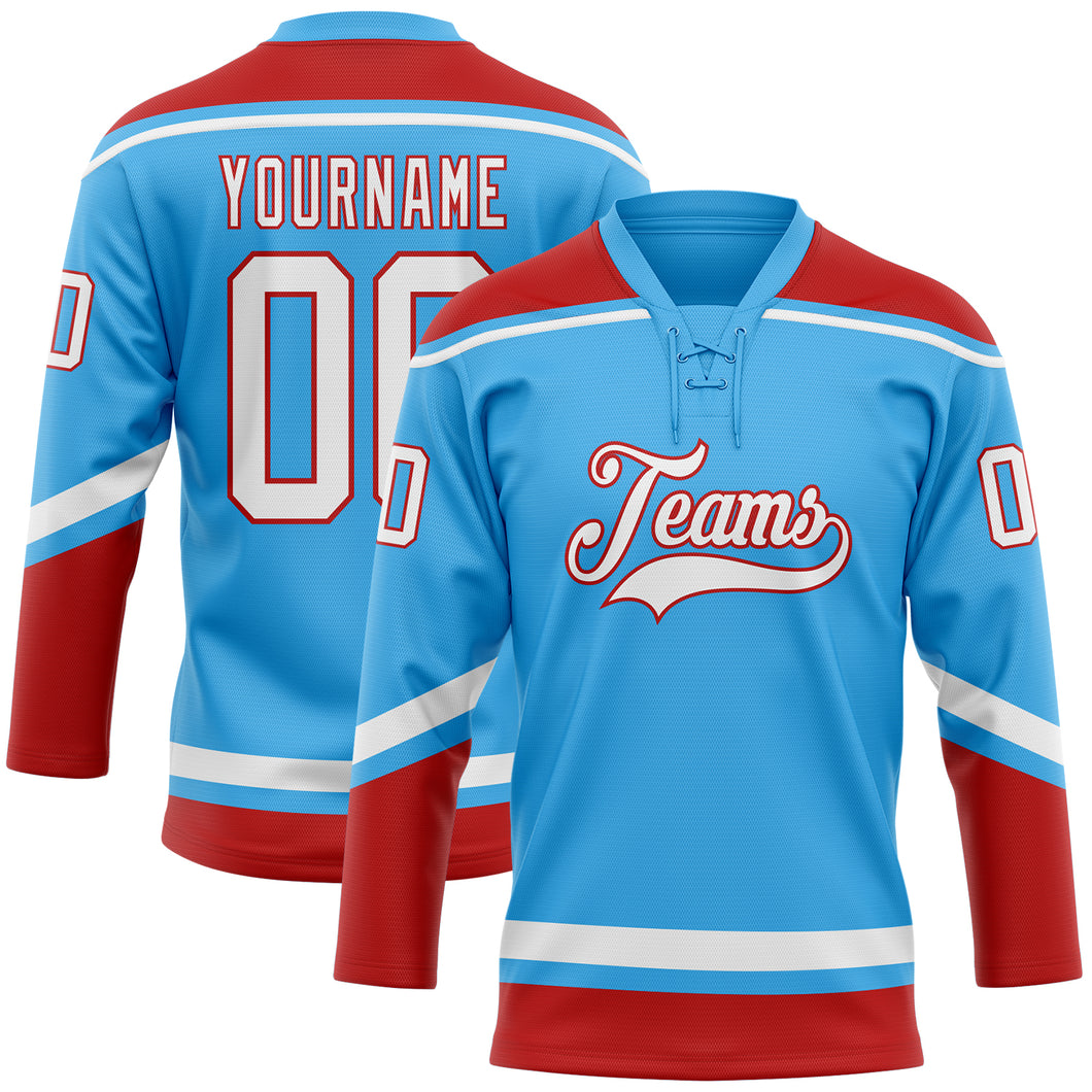 Custom Sky Blue White-Red Hockey Lace Neck Jersey