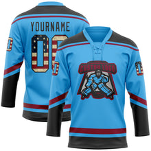 Load image into Gallery viewer, Custom Sky Blue Vintage USA Flag Black-Maroon Hockey Lace Neck Jersey
