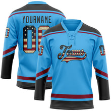 Load image into Gallery viewer, Custom Sky Blue Vintage USA Flag Black-Maroon Hockey Lace Neck Jersey
