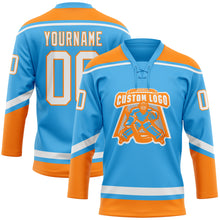 Load image into Gallery viewer, Custom Sky Blue White-Bay Orange Hockey Lace Neck Jersey

