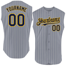 Load image into Gallery viewer, Custom Gray Navy Pinstripe Gold Authentic Sleeveless Baseball Jersey
