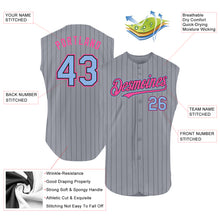 Load image into Gallery viewer, Custom Gray Black Pinstripe Light Blue-Pink Authentic Sleeveless Baseball Jersey
