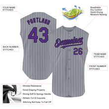 Load image into Gallery viewer, Custom Gray Black Pinstripe Purple Authentic Sleeveless Baseball Jersey
