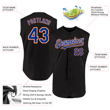 Custom Black Royal-Orange Authentic Sleeveless Baseball Jersey