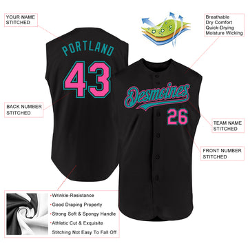 Custom Black Pink-Teal Authentic Sleeveless Baseball Jersey