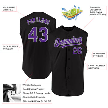 Custom Black Purple-Gray Authentic Sleeveless Baseball Jersey