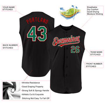 Custom Black Kelly Green-Red Authentic Sleeveless Baseball Jersey