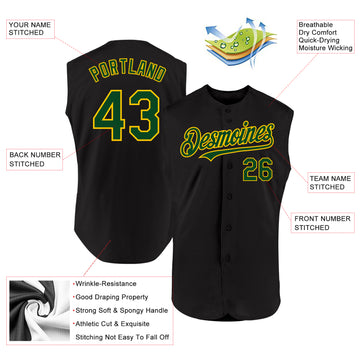 Custom Black Green-Yellow Authentic Sleeveless Baseball Jersey