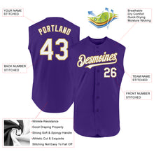 Load image into Gallery viewer, Custom Purple White-Old Gold Authentic Sleeveless Baseball Jersey
