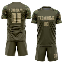 Load image into Gallery viewer, Custom Olive Vegas Gold-Camo Sublimation Salute To Service Soccer Uniform Jersey
