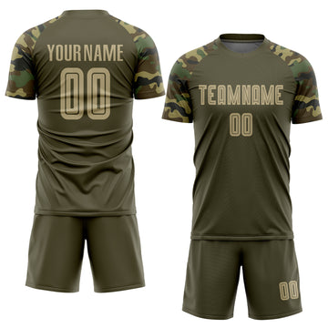 Custom Olive Vegas Gold-Camo Sublimation Salute To Service Soccer Uniform Jersey