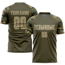 Load image into Gallery viewer, Custom Olive Vegas Gold-Camo Sublimation Salute To Service Soccer Uniform Jersey
