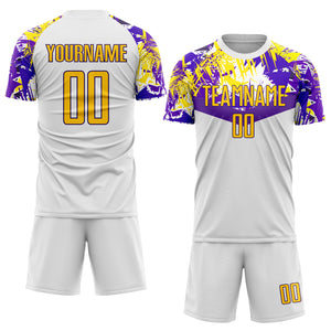 Custom White Gold-Purple Sublimation Soccer Uniform Jersey