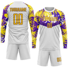 Load image into Gallery viewer, Custom White Gold-Purple Sublimation Soccer Uniform Jersey
