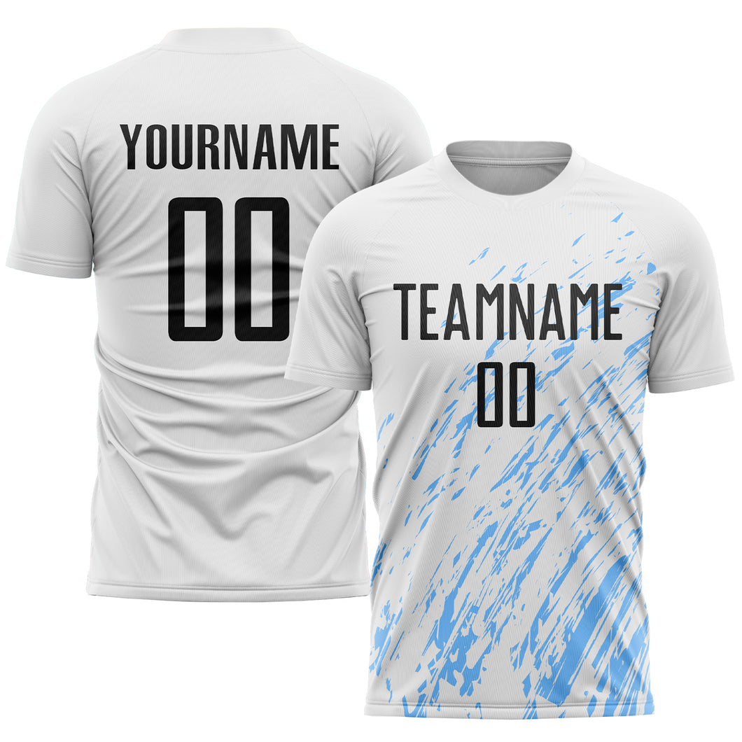 Custom White Black-Light Blue Sublimation Soccer Uniform Jersey