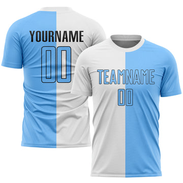 Custom White Light Blue-Black Sublimation Split Fashion Soccer Uniform Jersey