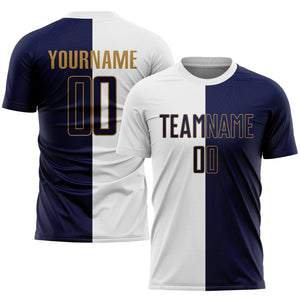 Custom White Navy-Old Gold Sublimation Split Fashion Soccer Uniform Jersey