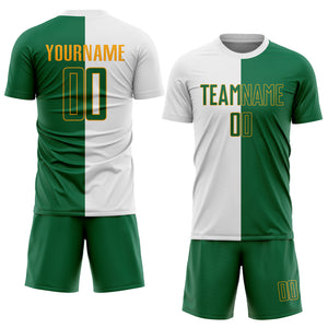 Custom White Kelly Green-Gold Sublimation Split Fashion Soccer Uniform Jersey