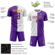 Load image into Gallery viewer, Custom White Purple-Gold Sublimation Split Fashion Soccer Uniform Jersey
