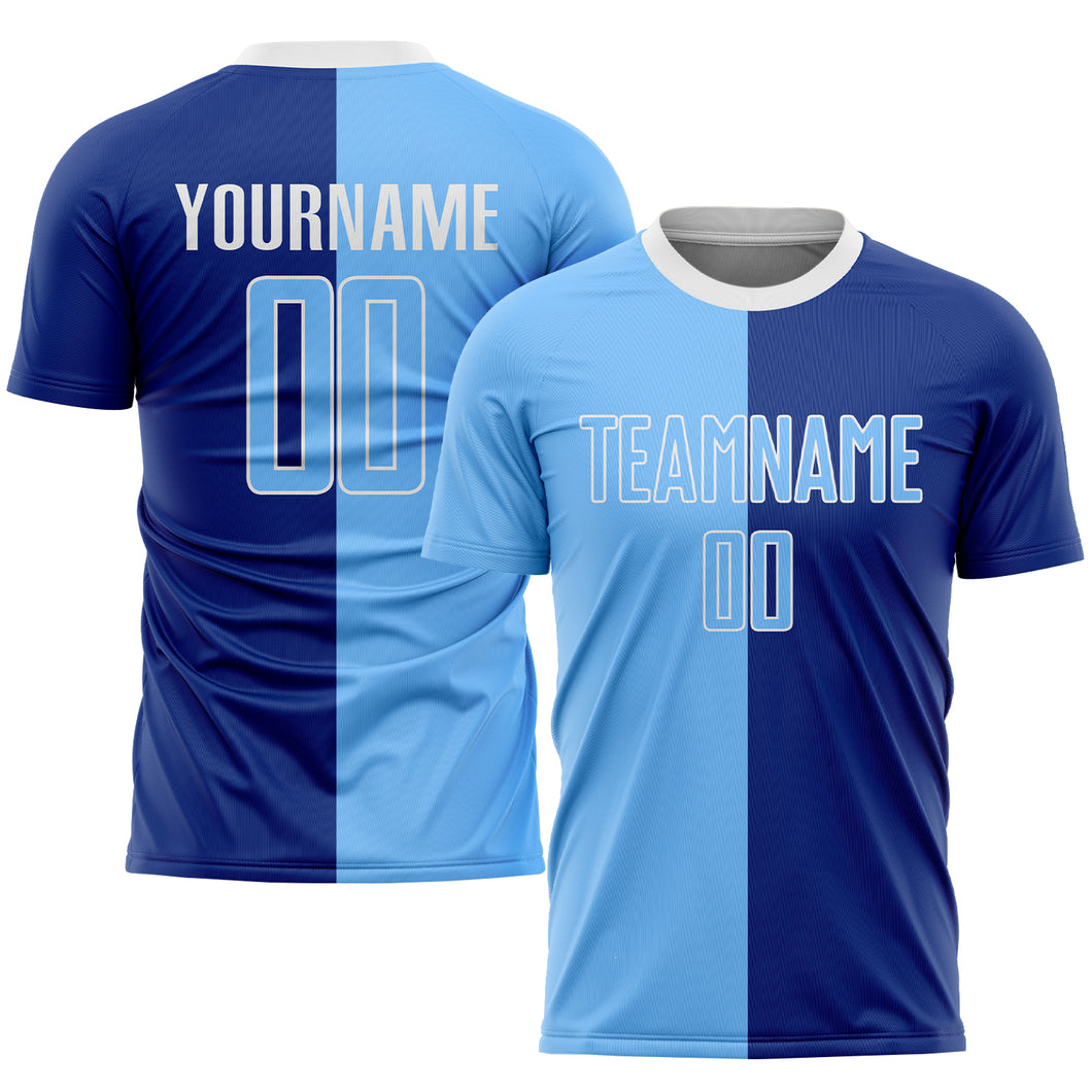 Custom Royal Light Blue-White Sublimation Split Fashion Soccer Uniform Jersey