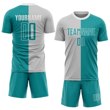 Custom Gray Teal-White Sublimation Split Fashion Soccer Uniform Jersey