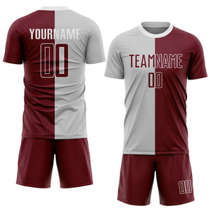 Custom Gray Crimson-White Sublimation Split Fashion Soccer Uniform Jersey