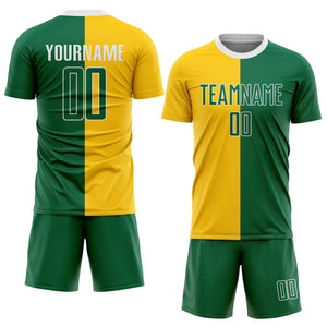 Custom Gold Kelly Green-White Sublimation Split Fashion Soccer Uniform Jersey